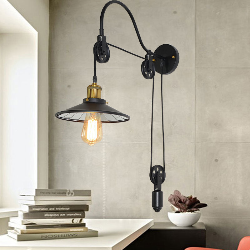 BowLift | 1 Light Flared Pulley Wall Lamp Industrial Black Metallic Sconces Lamp with Gooseneck Arm