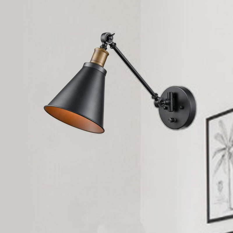 BowLift | 1 Light Bulb Iron Wall Mount Vintage Black Swing Arm Living Room Wall Light Lamp with Cone Shade