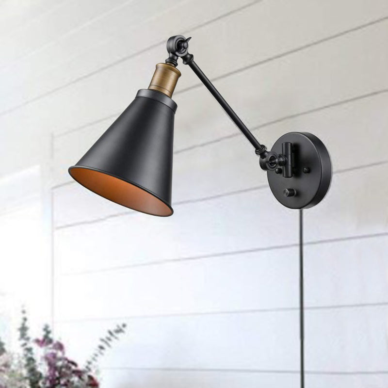 BowLift | 1 Light Bulb Iron Wall Mount Vintage Black Swing Arm Living Room Wall Light Lamp with Cone Shade
