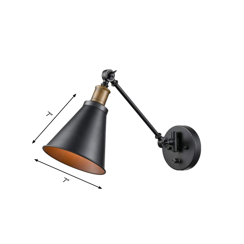 BowLift | 1 Light Bulb Iron Wall Mount Vintage Black Swing Arm Living Room Wall Light Lamp with Cone Shade