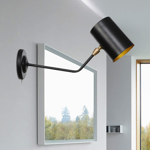 BowLift | Right Angle Arm Iron Wall Light Vintage 1-Light Study Room Wall Mount Fixture in Black with Cylinder Shade, 6