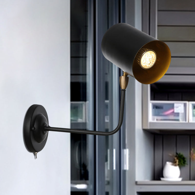 BowLift | 1 Light Sconces Lighting Fixture Industrial Cylinder Metal Wall Lamp in Black with Curved Arm for Bedside