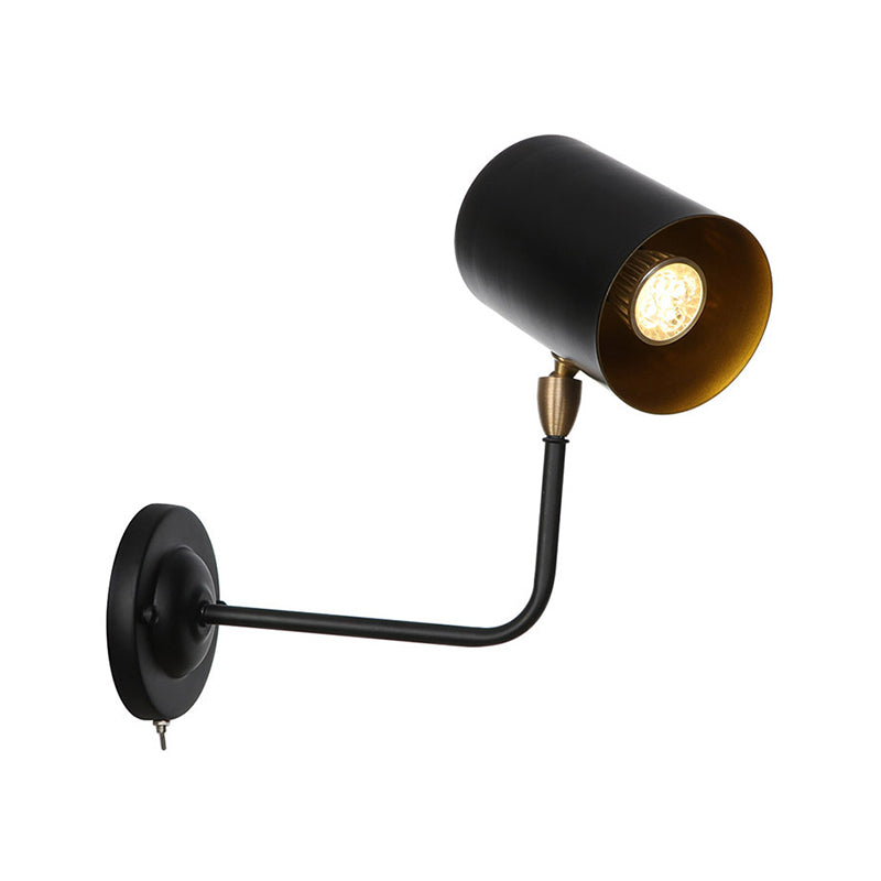 BowLift | 1 Light Sconces Lighting Fixture Industrial Cylinder Metal Wall Lamp in Black with Curved Arm for Bedside