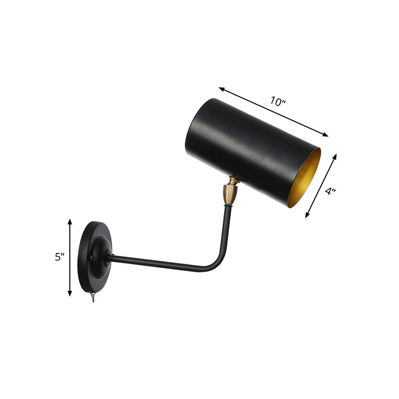 BowLift | 1 Light Sconces Lighting Fixture Industrial Cylinder Metal Wall Lamp in Black with Curved Arm for Bedside
