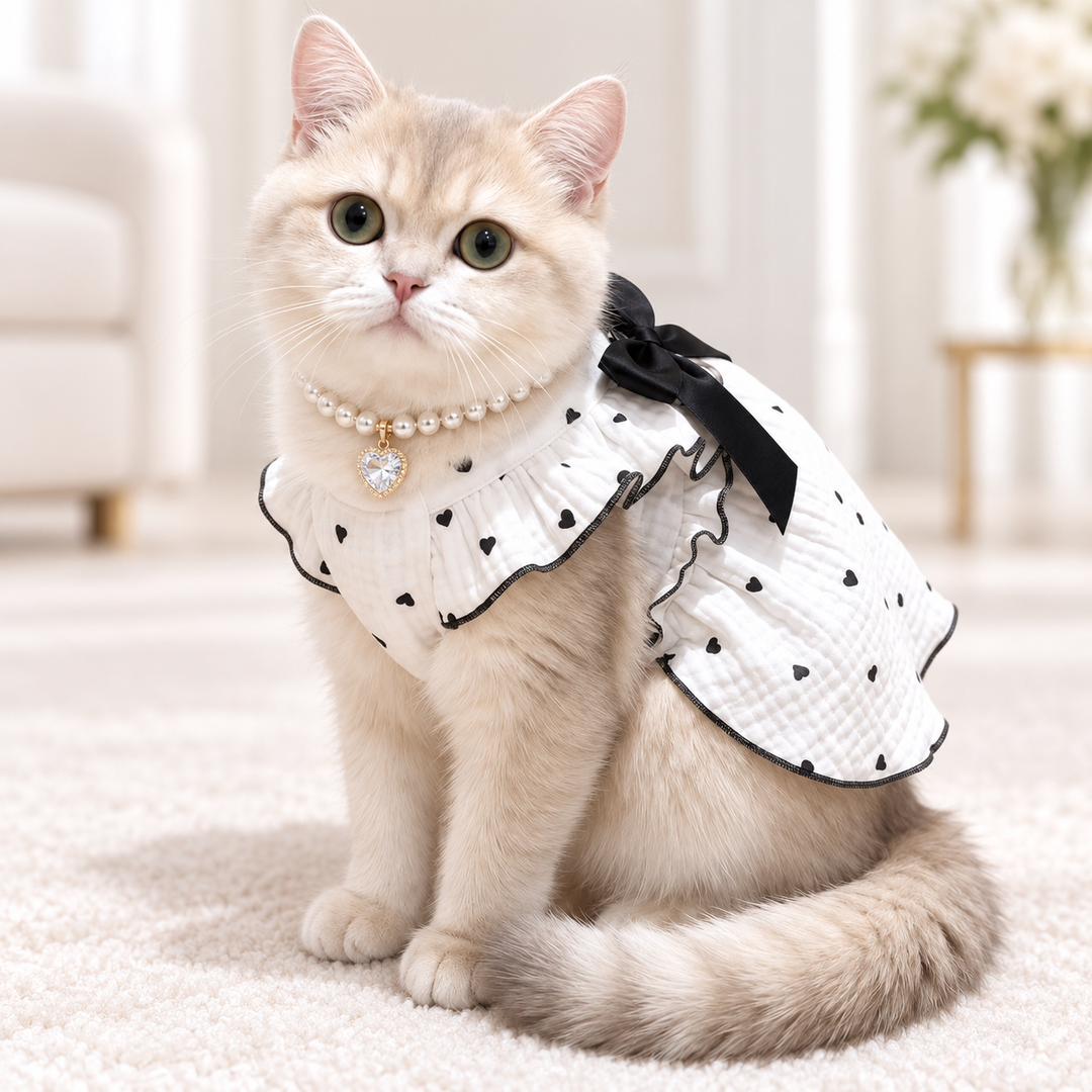 Cat Muslin Frill Dress with Heart Print Bow and Harness Loop Bowlift