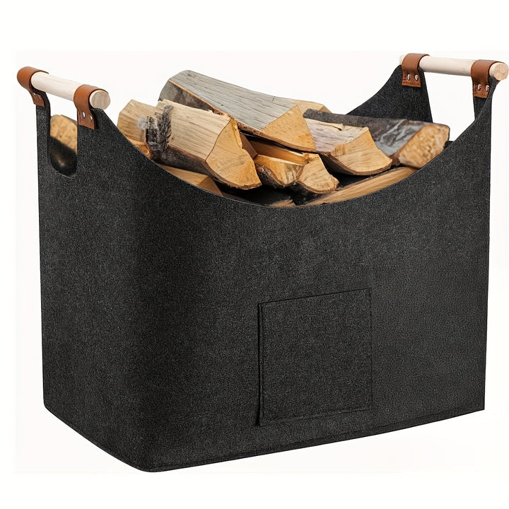 BowLift | Felt log basket FELDURA | Collapsible | 55L volume | With wooden handles & leather details | Dark gray