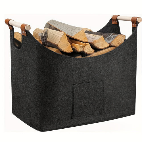 BowLift | Feldura Foldable Felt Wood Holder 55 liters with Wooden Handles and Leather Accents, Dark Gray