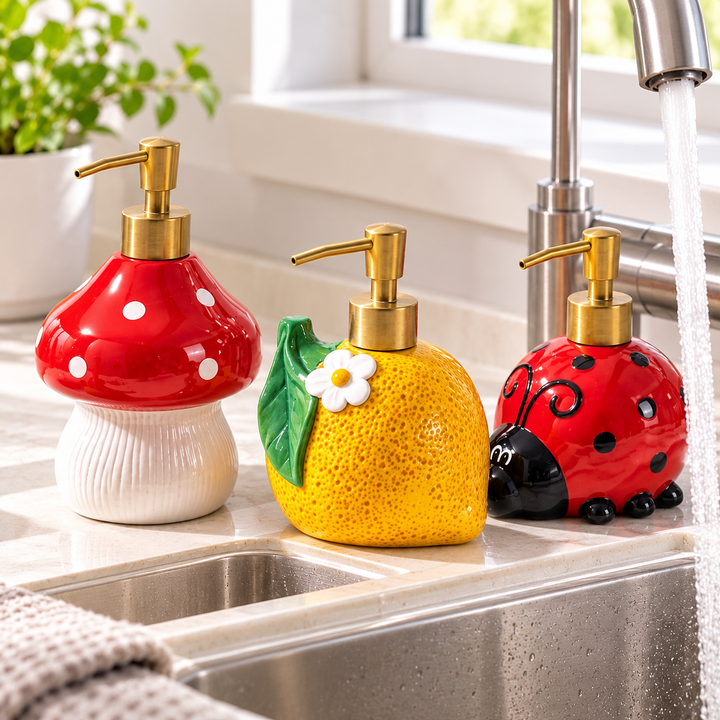 Ceramic Ladybug-Shaped Soap Dispenser with Metal Pump Bowlift