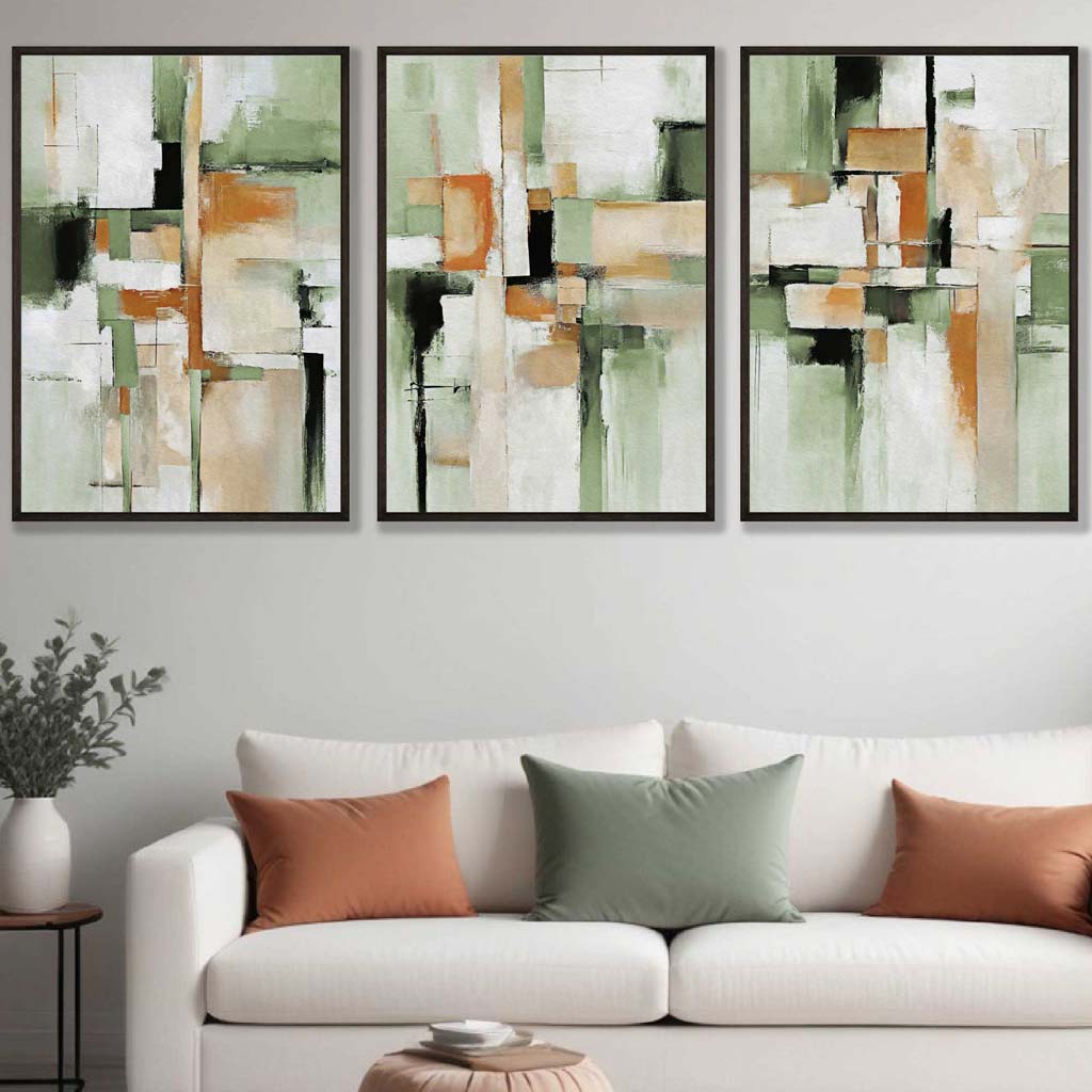 Abstract Sage Green and Orange Set of 3 Framed Wall Art | Bowlift