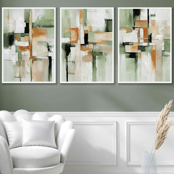 Abstract Sage Green and Orange Set of 3 Framed Wall Art | Bowlift