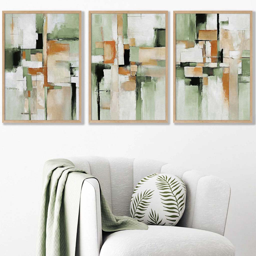 Abstract Sage Green and Orange Set of 3 Framed Wall Art | Bowlift