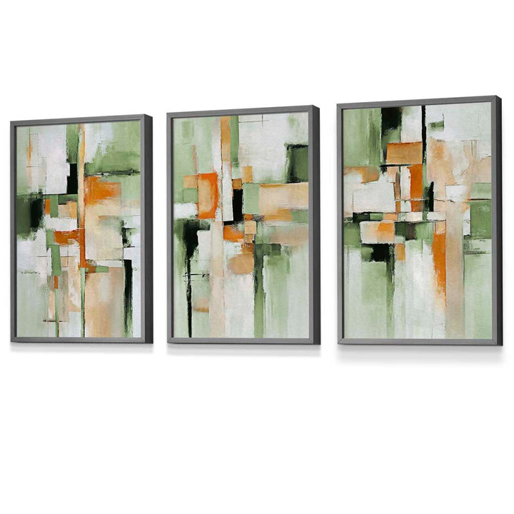 Abstract Sage Green and Orange Set of 3 Framed Wall Art | Bowlift