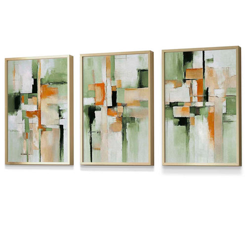 Abstract Sage Green and Orange Set of 3 Framed Wall Art | Bowlift