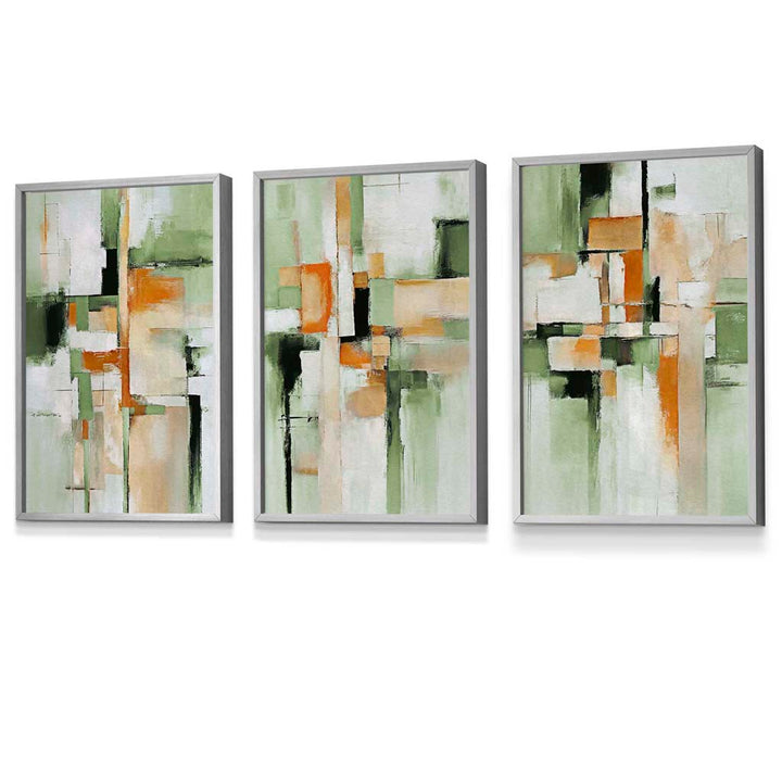 Abstract Sage Green and Orange Set of 3 Framed Wall Art | Bowlift
