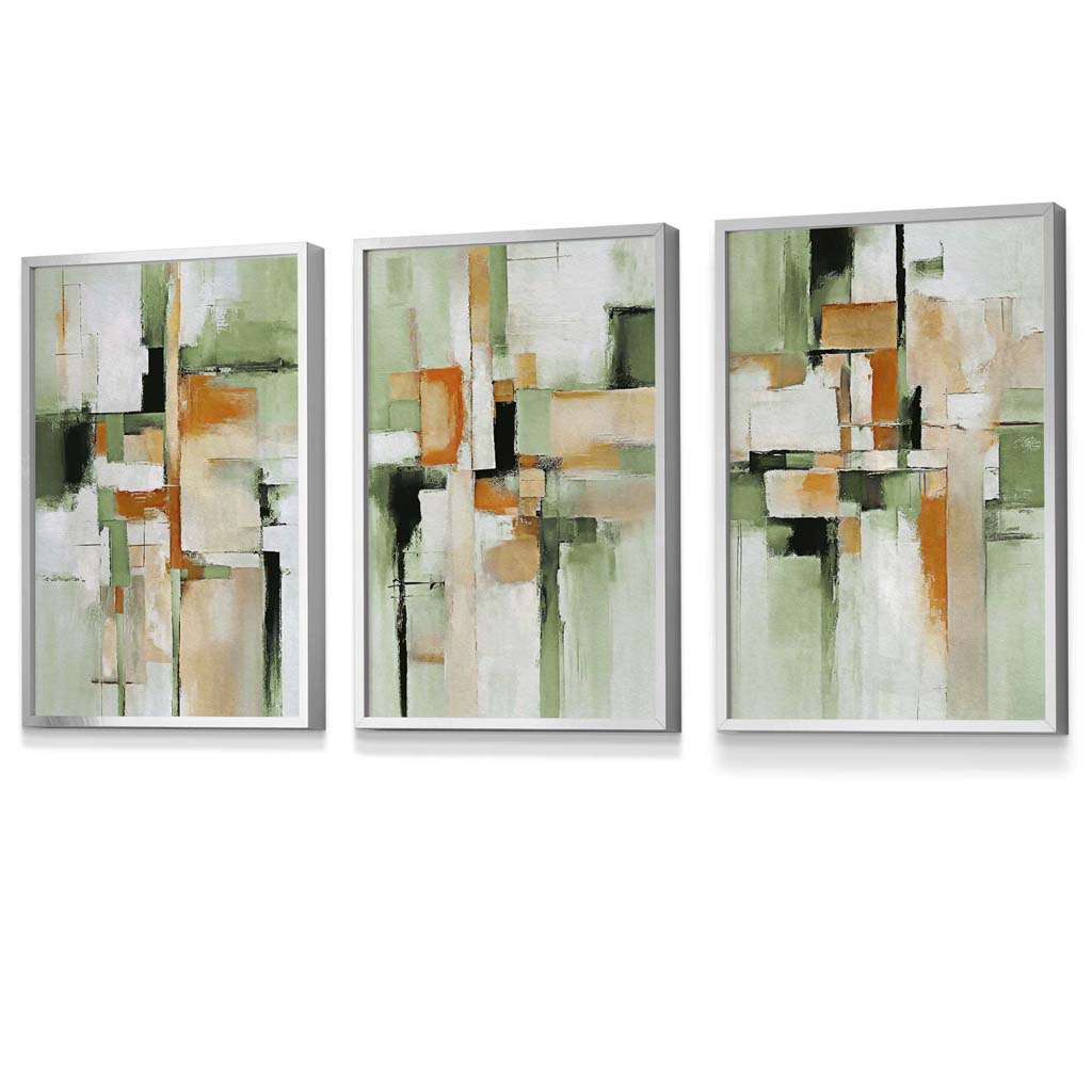 Abstract Sage Green and Orange Set of 3 Framed Wall Art | Bowlift