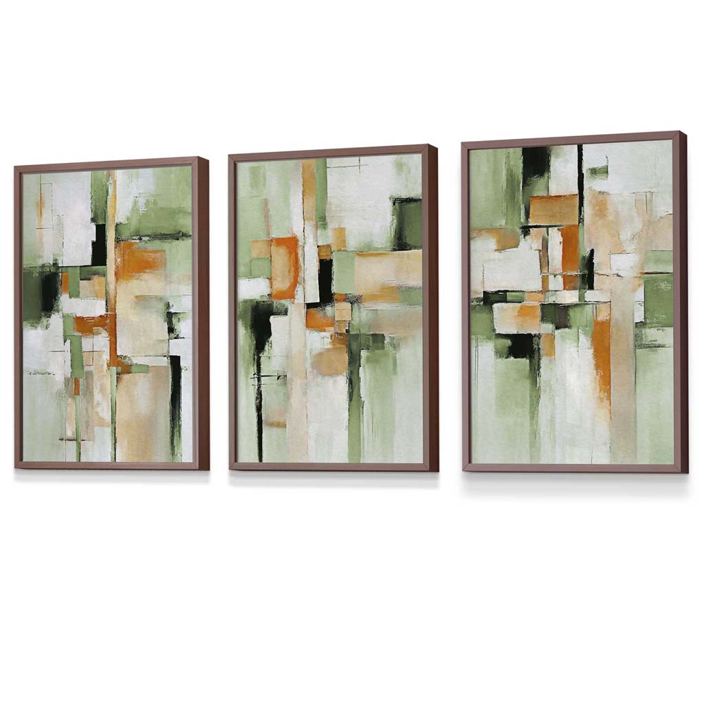 Abstract Sage Green and Orange Set of 3 Framed Wall Art | Bowlift