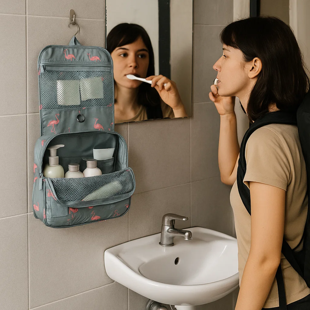 TravelEase – Water-repellent cosmetic bag with hook and compartments | Travel toiletry bag | Bowlift