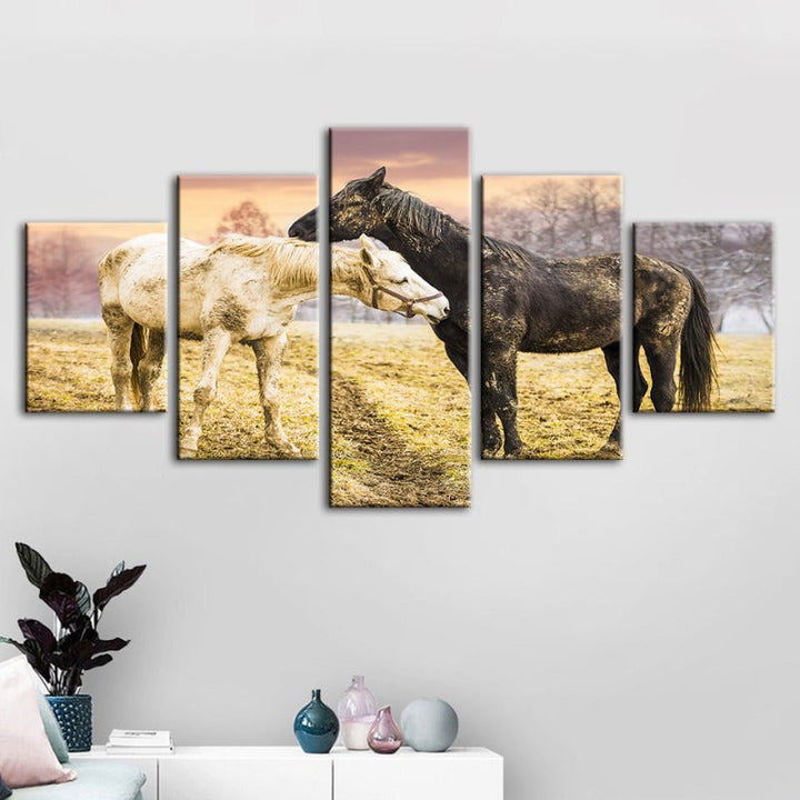 5 Piece Black & White Horses - Canvas Wall Art Painting | Bowlift
