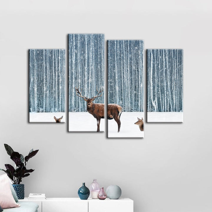 4 Piece Two Does and a Deer in Winter - Canvas Wall Art Painting | Bowlift