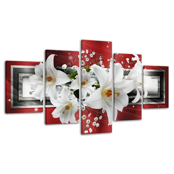 5 Piece Red Background White Tulip Flower - Canvas Wall Art Painting | Bowlift