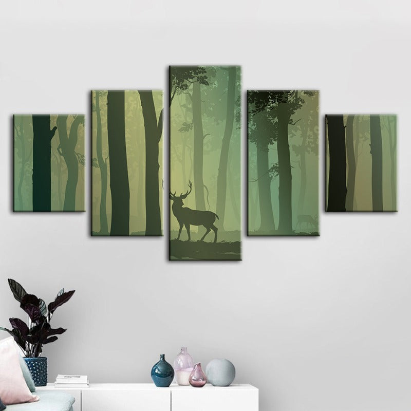 5 Piece Enchanted Green Silhouetted Deer - Canvas Wall Art Painting | Bowlift
