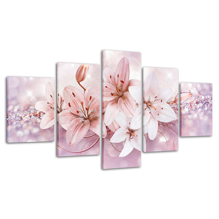 Glittering Soft Pink Flowers 5 Piece - Canvas Wall Art Painting | Bowlift