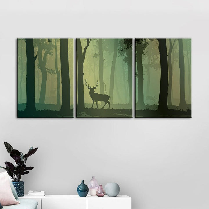 Enchanted Green Toned Silhouetted Deer-Canvas Wall Art Painting 3 Pieces | Bowlift