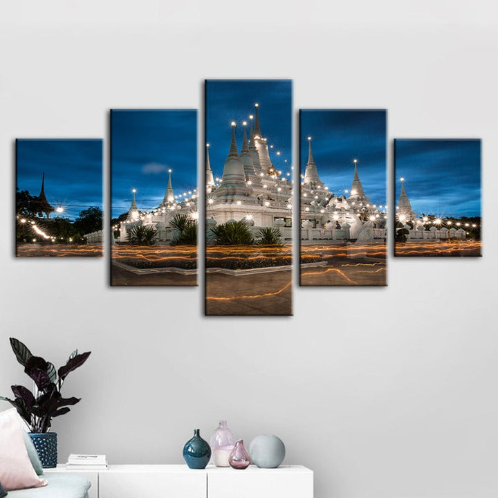 5 Piece Beautiful Temple Night Time - Canvas Wall Art Painting | Bowlift