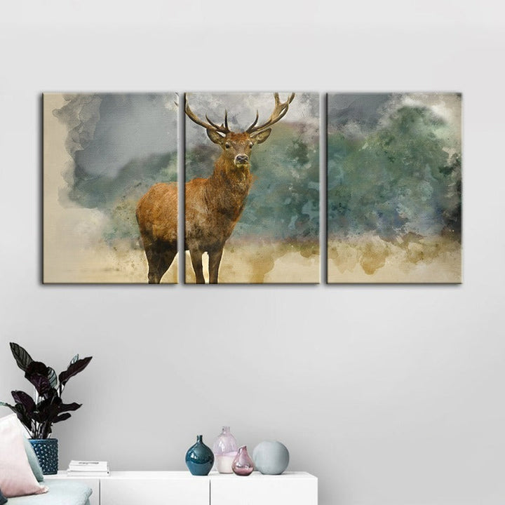 Watercolor Plains Deer-Canvas Wall Art Painting 3 Pieces | Bowlift