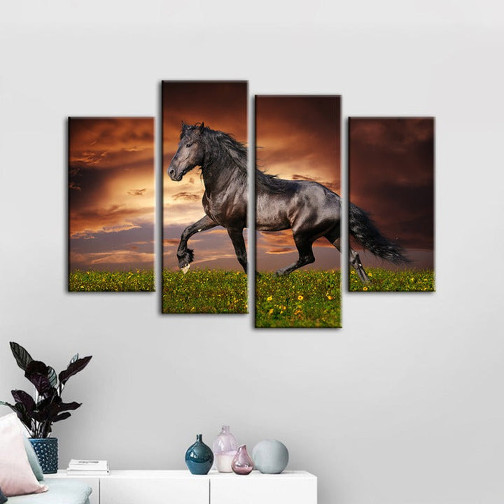 4 Piece Running Black Horse - Canvas Wall Art Painting | Bowlift