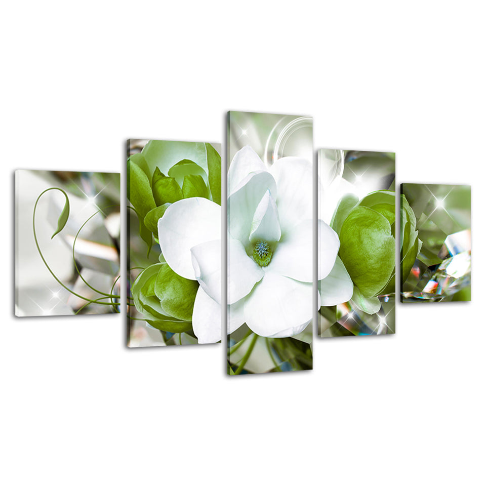 Delicate White and Green Flowers 5 Piece - Canvas Wall Art Painting | Bowlift