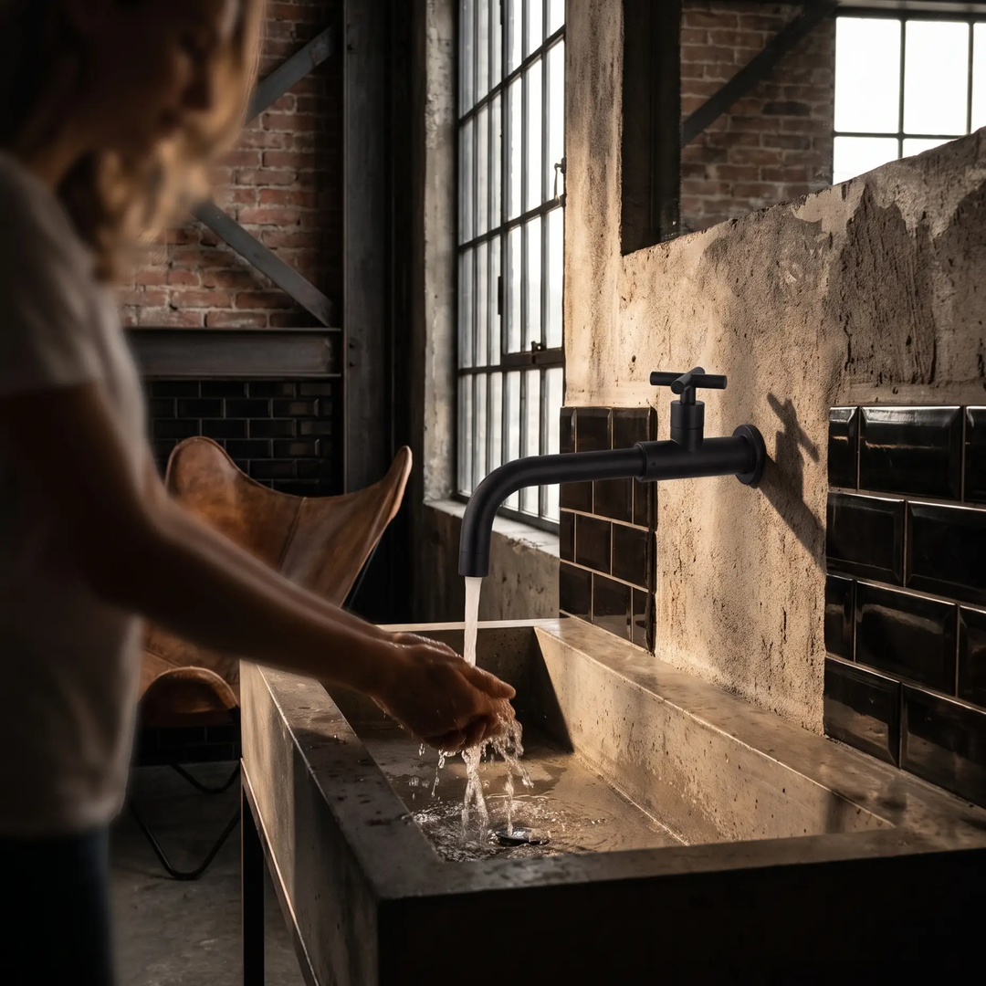 BowLift | Contemporary Wall-Mounted Bathroom Faucet Cross Handles Stainless Steel Faucet