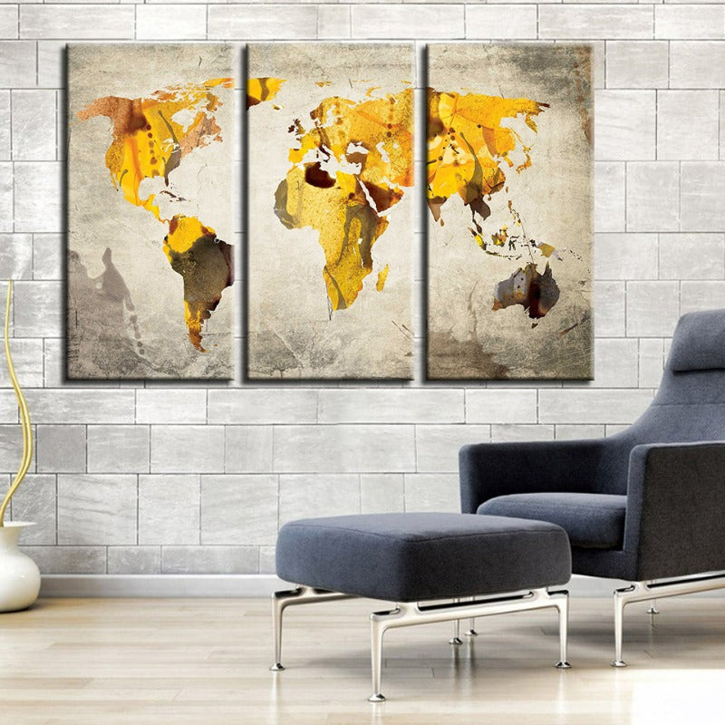 Yellow Classic World Map-Canvas Wall Art Painting 3 Pieces | Bowlift