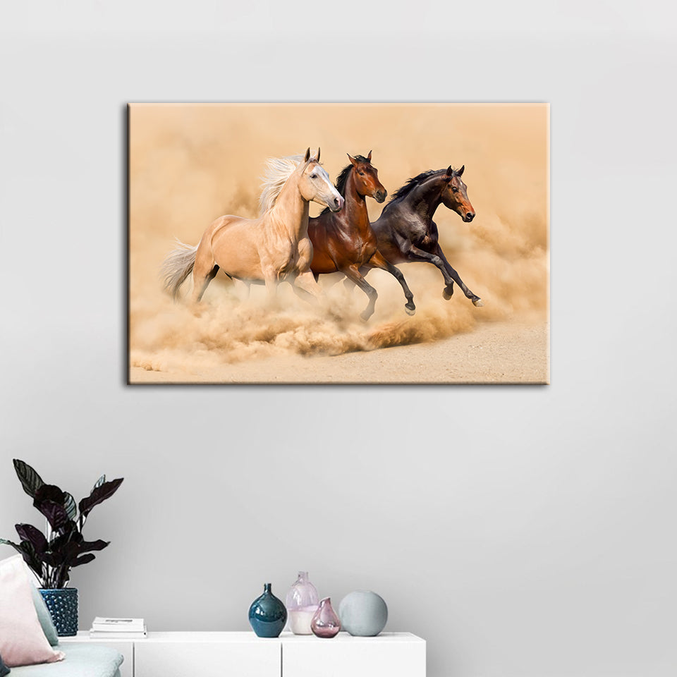 Three Running Horses in Desert - Canvas Wall Art Painting | Bowlift