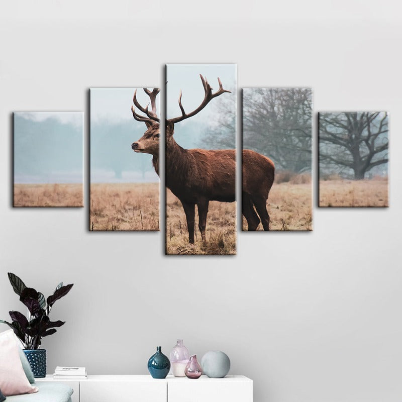 5 Piece Regal Deer in the Plains - Canvas Wall Art Painting | Bowlift