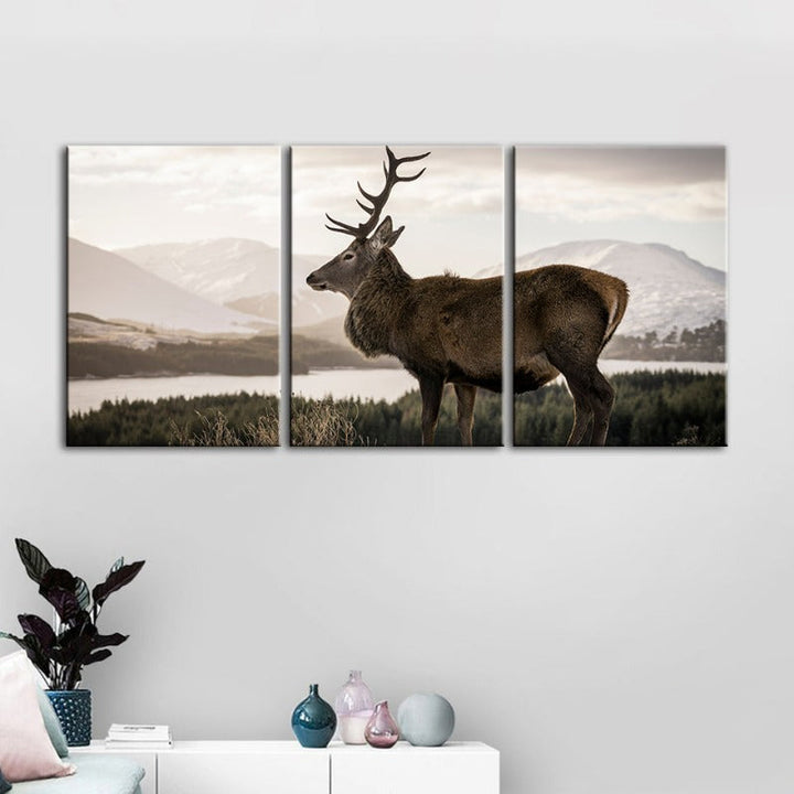 Somber Winter Deer-Canvas Wall Art Painting 3 Pieces | Bowlift