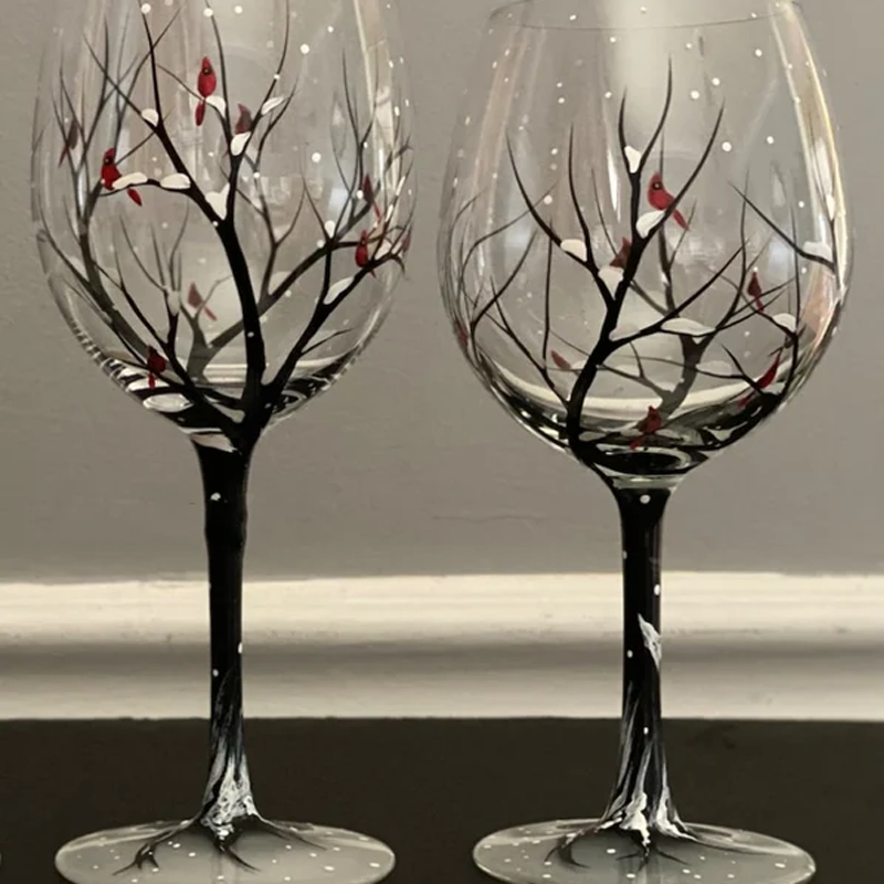 Four Seasons Tree Wine Glasses - Hand Painted Art | Bowlift