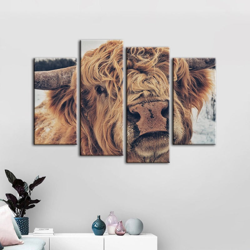 4 Piece Close Up Brown Cow - Canvas Wall Art Painting | Bowlift