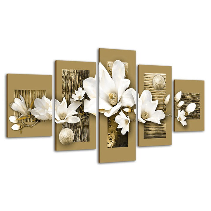 5 Piece Wooden Background White Flower - Canvas Wall Art Painting | Bowlift