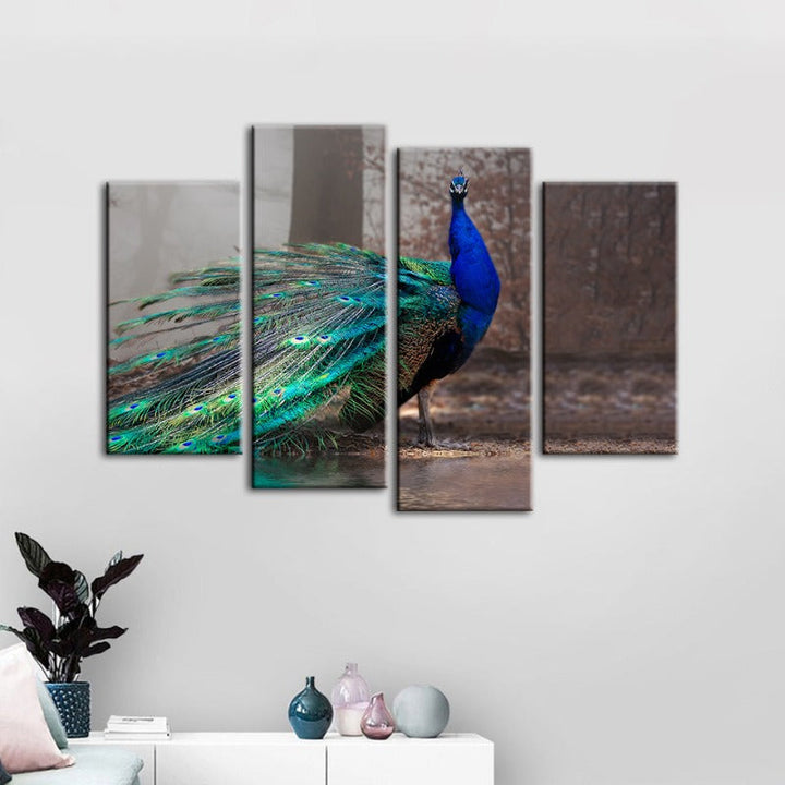 4 Piece Vivid Peacock by the Pond - Canvas Wall Art Painting | Bowlift
