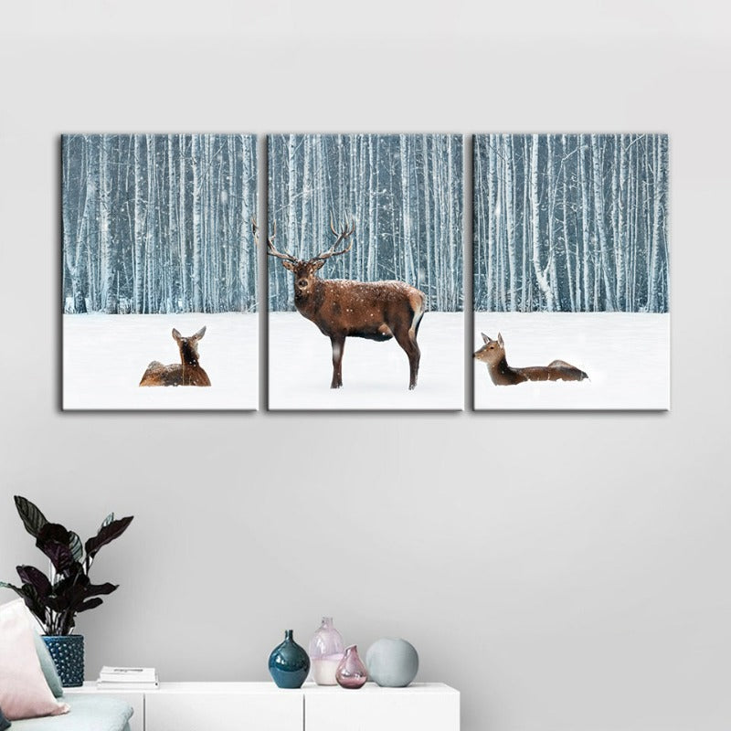 Two Does And A Deer In Winter-Canvas Wall Art Painting 3 Pieces | Bowlift