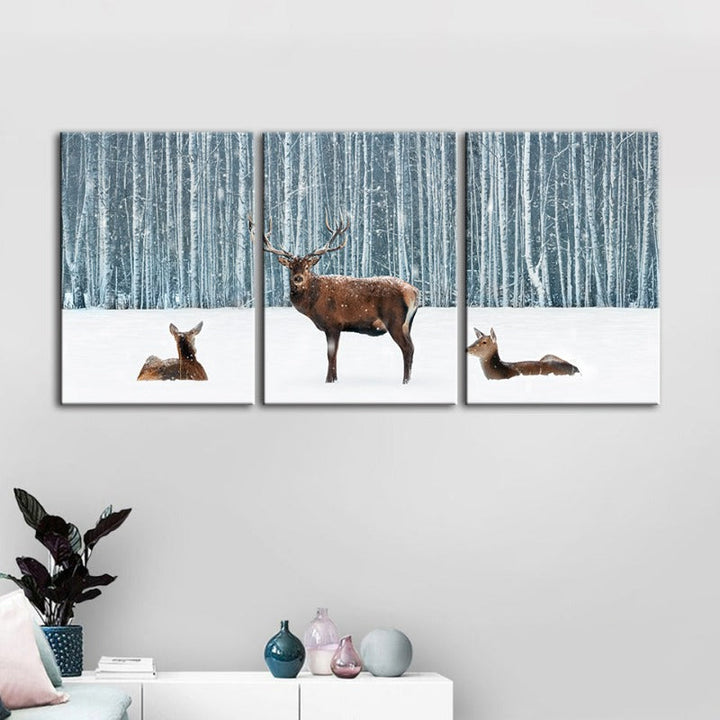 Two Does And A Deer In Winter-Canvas Wall Art Painting 3 Pieces | Bowlift