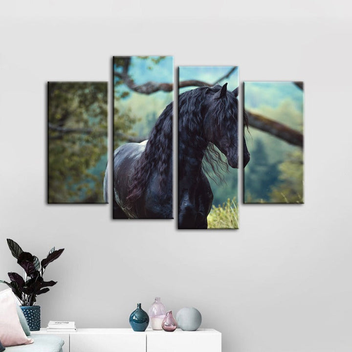 4 Piece Black Horse In Forest - Canvas Wall Art Painting | Bowlift