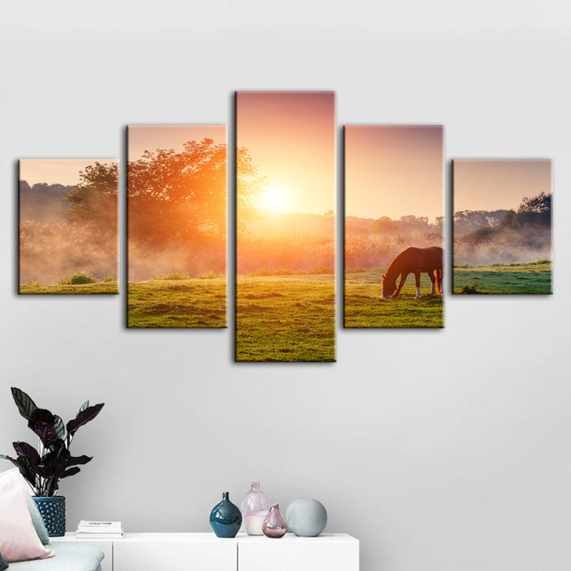 5 Piece Sunrise Grazing Horse - Canvas Wall Art Painting | Bowlift