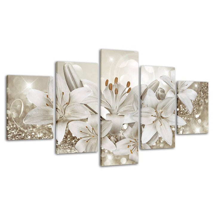 5 Piece Golden & White Background Flower - Canvas Wall Art Painting | Bowlift