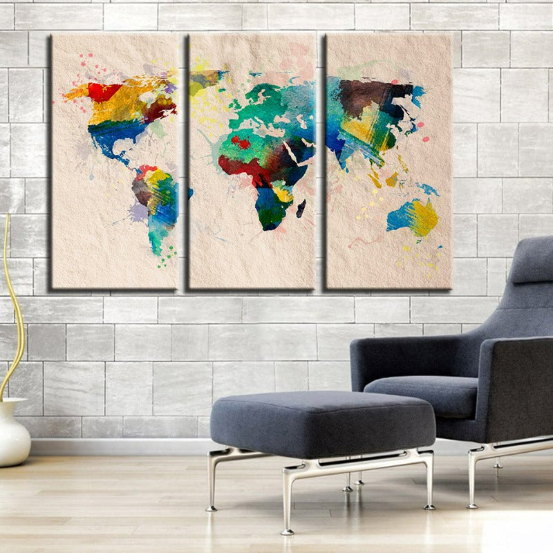 Beautiful Abstract Rainbow Color World Map-Canvas Wall Art Painting 3 Pieces | Bowlift