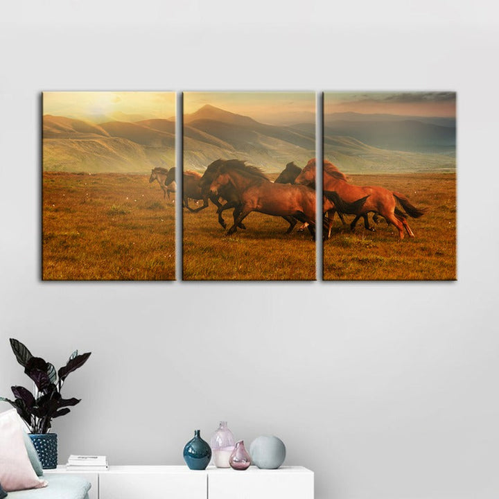 Running Horses With Beautiful Landscape-Canvas Wall Art Painting 3 Pieces | Bowlift
