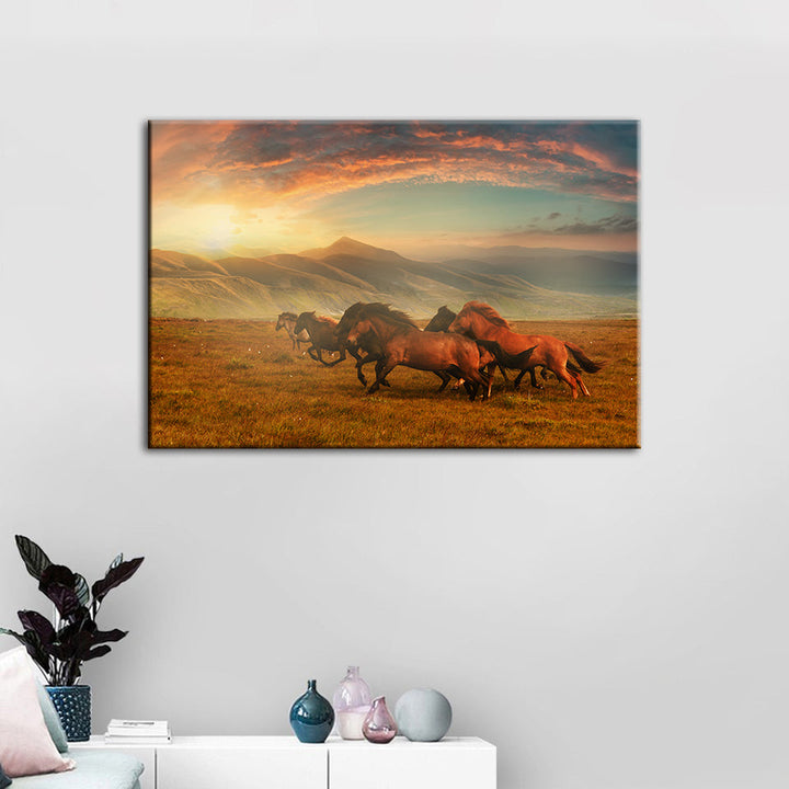 Running Horses With Beautiful Landscape - Canvas Wall Art Painting | Bowlift