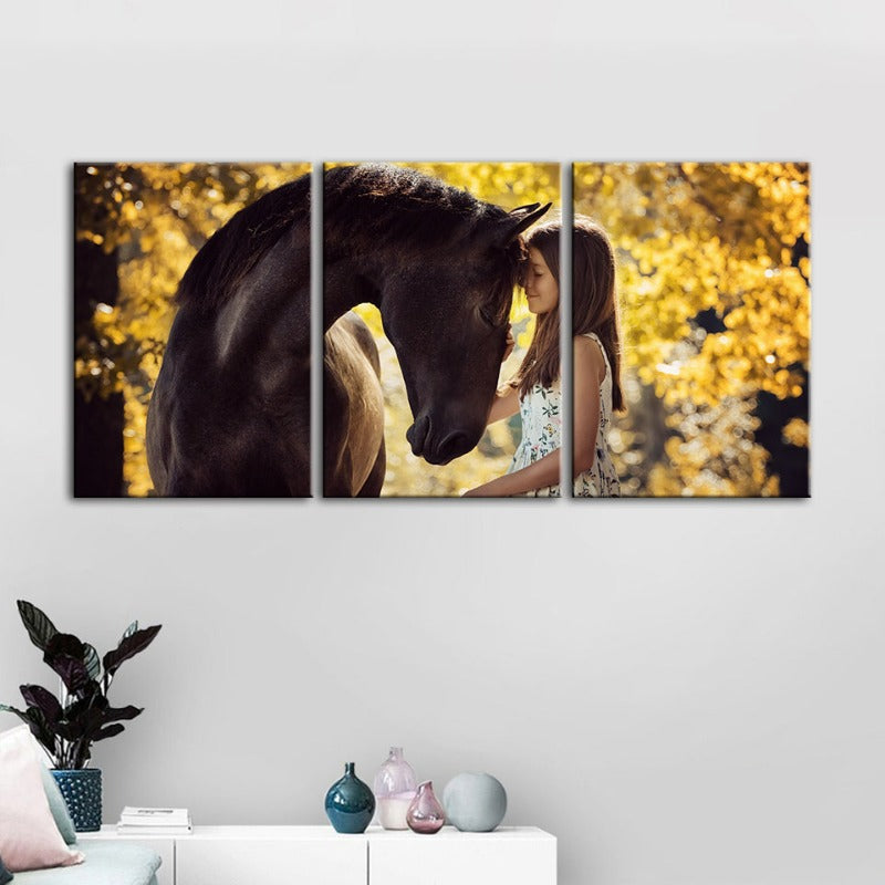 Friendship Between a Girl and Horse-Canvas Wall Art Painting 3 Pieces | Bowlift