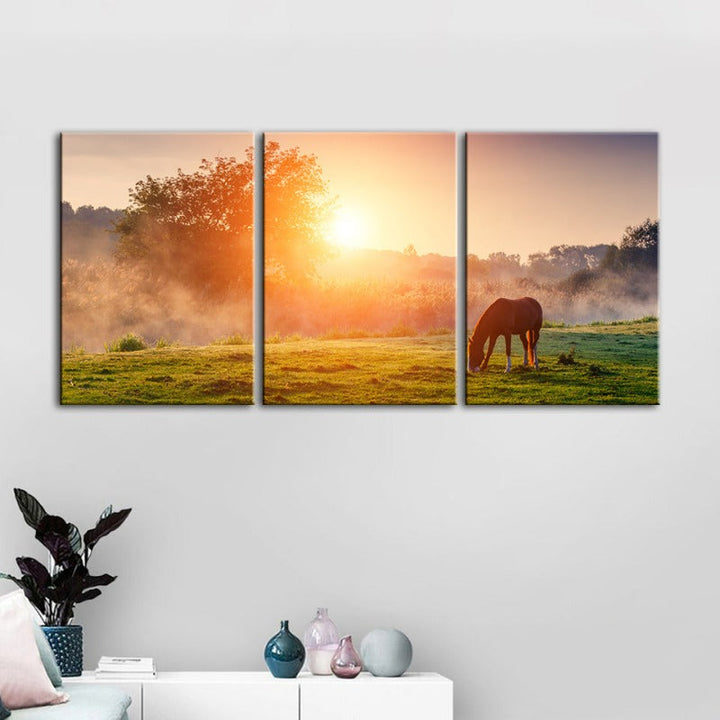 Sunrise Grazing Horse-Canvas Wall Art Painting 3 Pieces | Bowlift